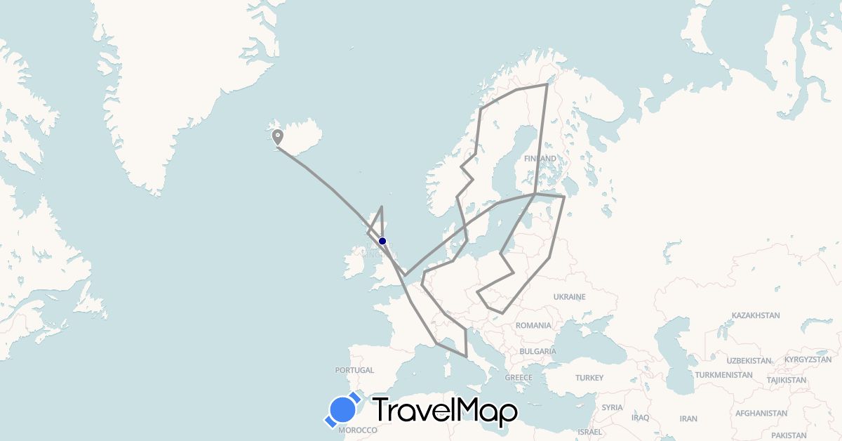 TravelMap itinerary: driving, plane in Austria, Belgium, Belarus, Switzerland, Czech Republic, Germany, Denmark, Finland, France, United Kingdom, Hungary, Iceland, Italy, Netherlands, Norway, Poland, Russia, Sweden (Europe)